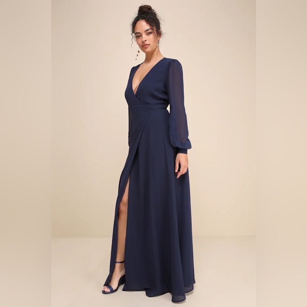 Lulus My Whole Heart Dark Navy Blue Long Sleeve Wrap Dress